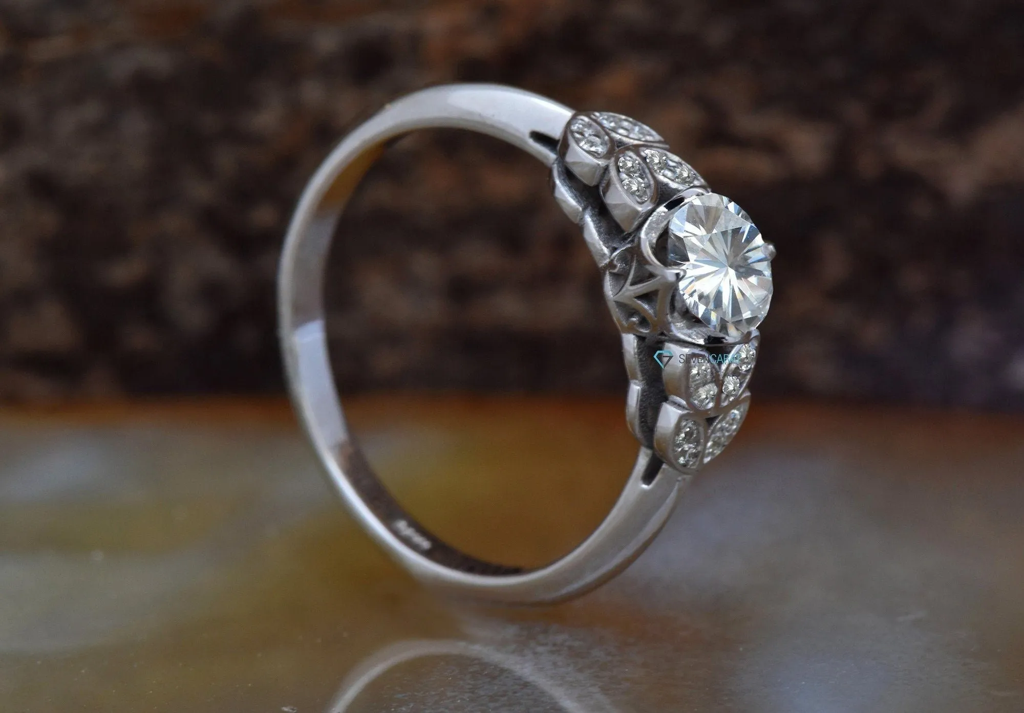 Art deco Engagement Ring white gold 14k-Leaf engagement ring-Unique diamond ring-4 prong solitaire ring-Custom Ring- Promise ring