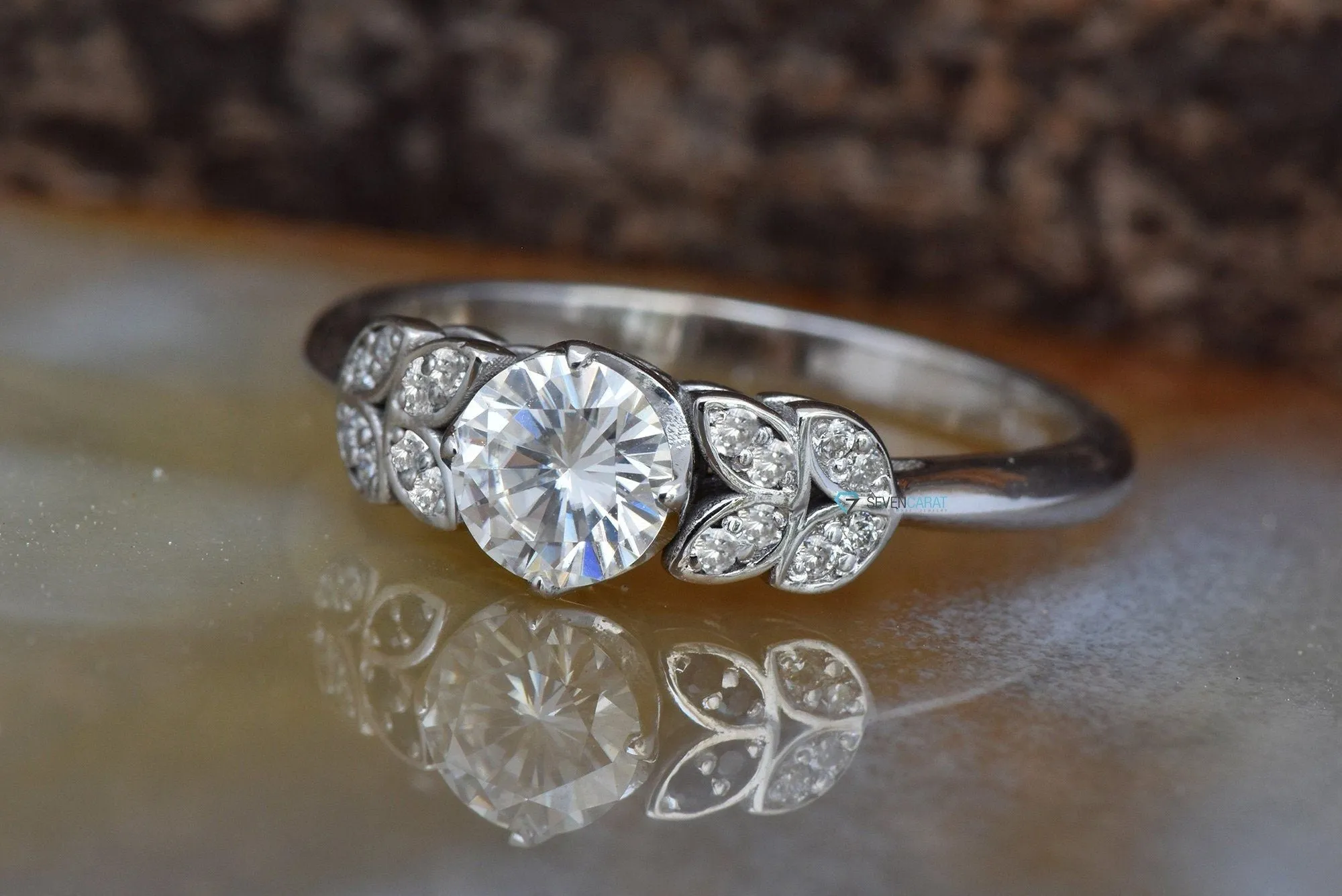 Art deco Engagement Ring white gold 14k-Leaf engagement ring-Unique diamond ring-4 prong solitaire ring-Custom Ring- Promise ring