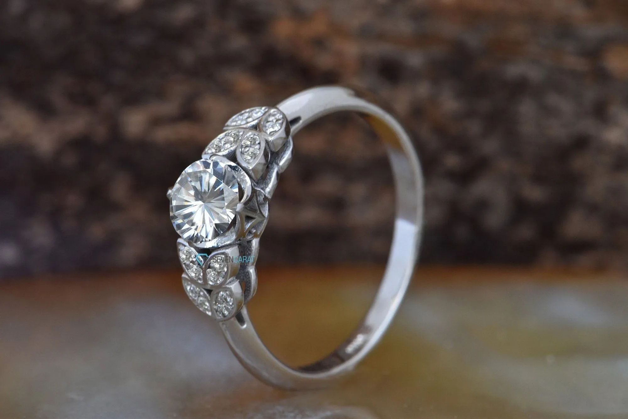 Art deco Engagement Ring white gold 14k-Leaf engagement ring-Unique diamond ring-4 prong solitaire ring-Custom Ring- Promise ring