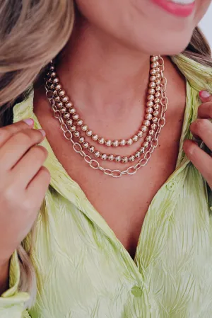 Ball Beaded Layered Chain Necklace - Gold