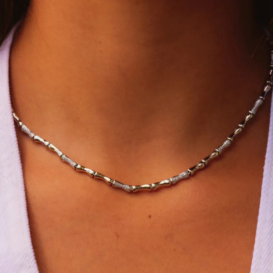 bamboo pave necklace in gold