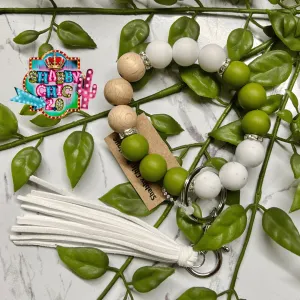 Beaded Bracelet Key Ring - Olive, White, Natural