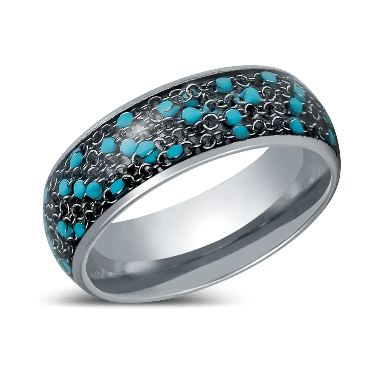 BEADWIRE | Silver Tungsten Ring, Domed Ring with Blue Beads Inlay