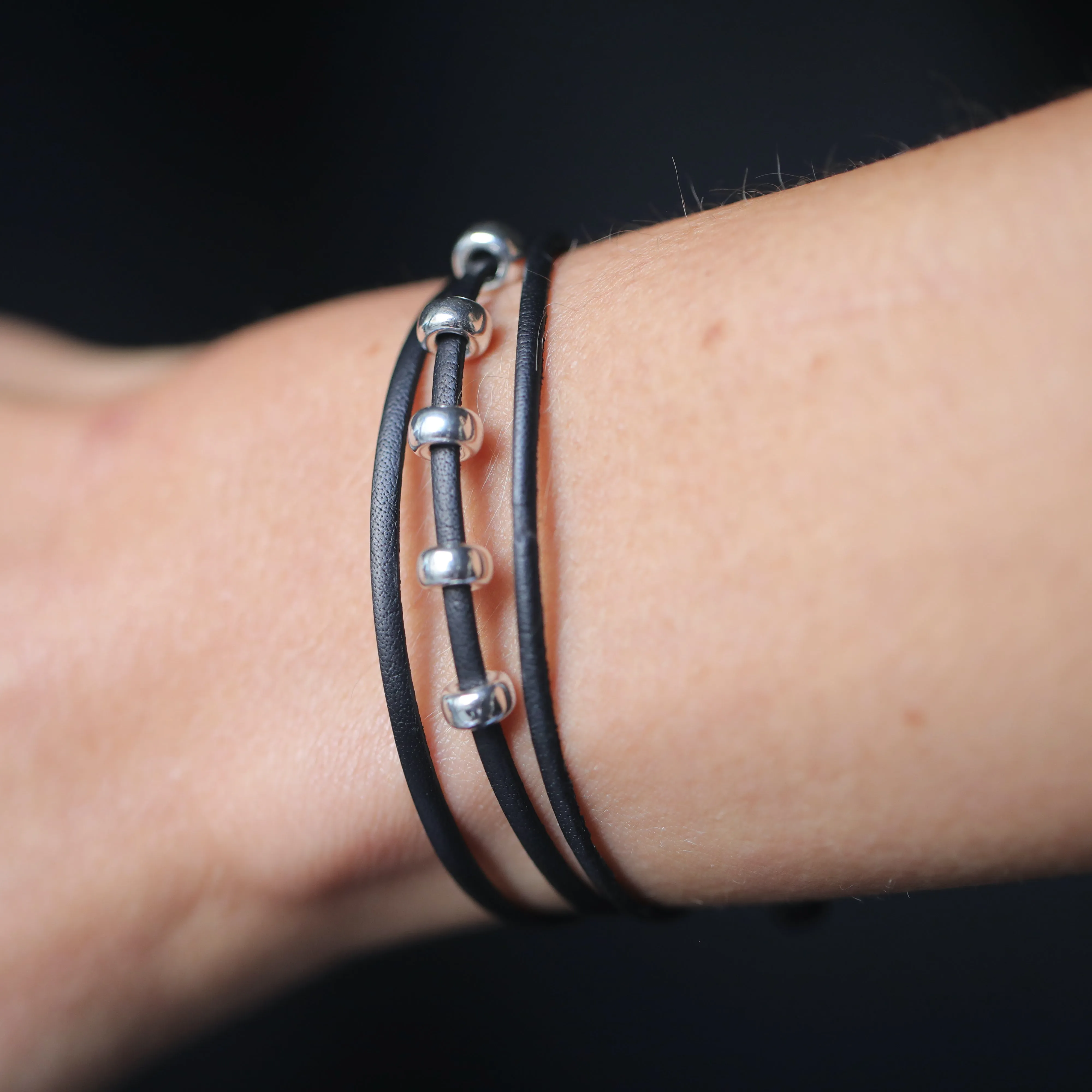 Black And Silver Leather Bracelet