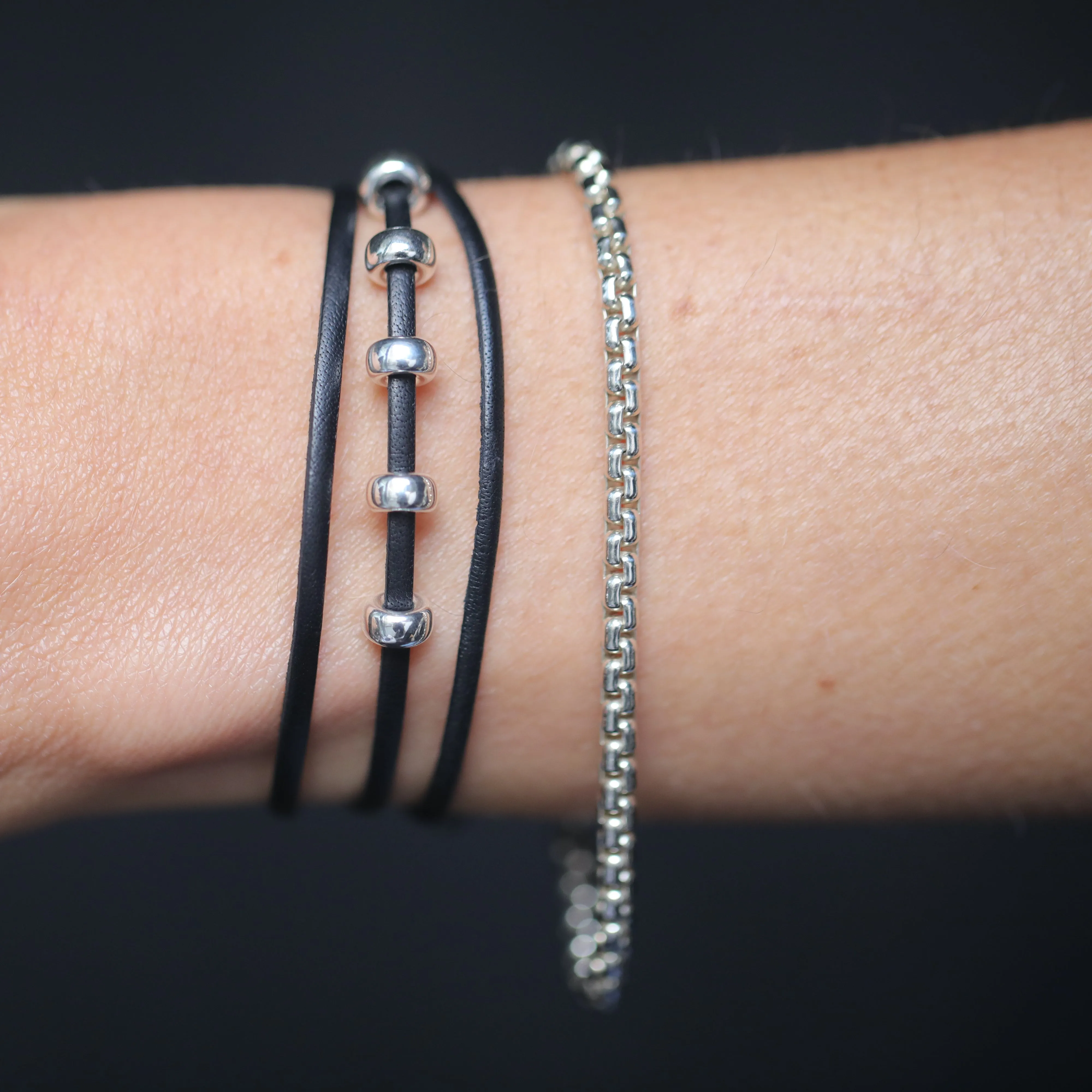 Black And Silver Leather Bracelet