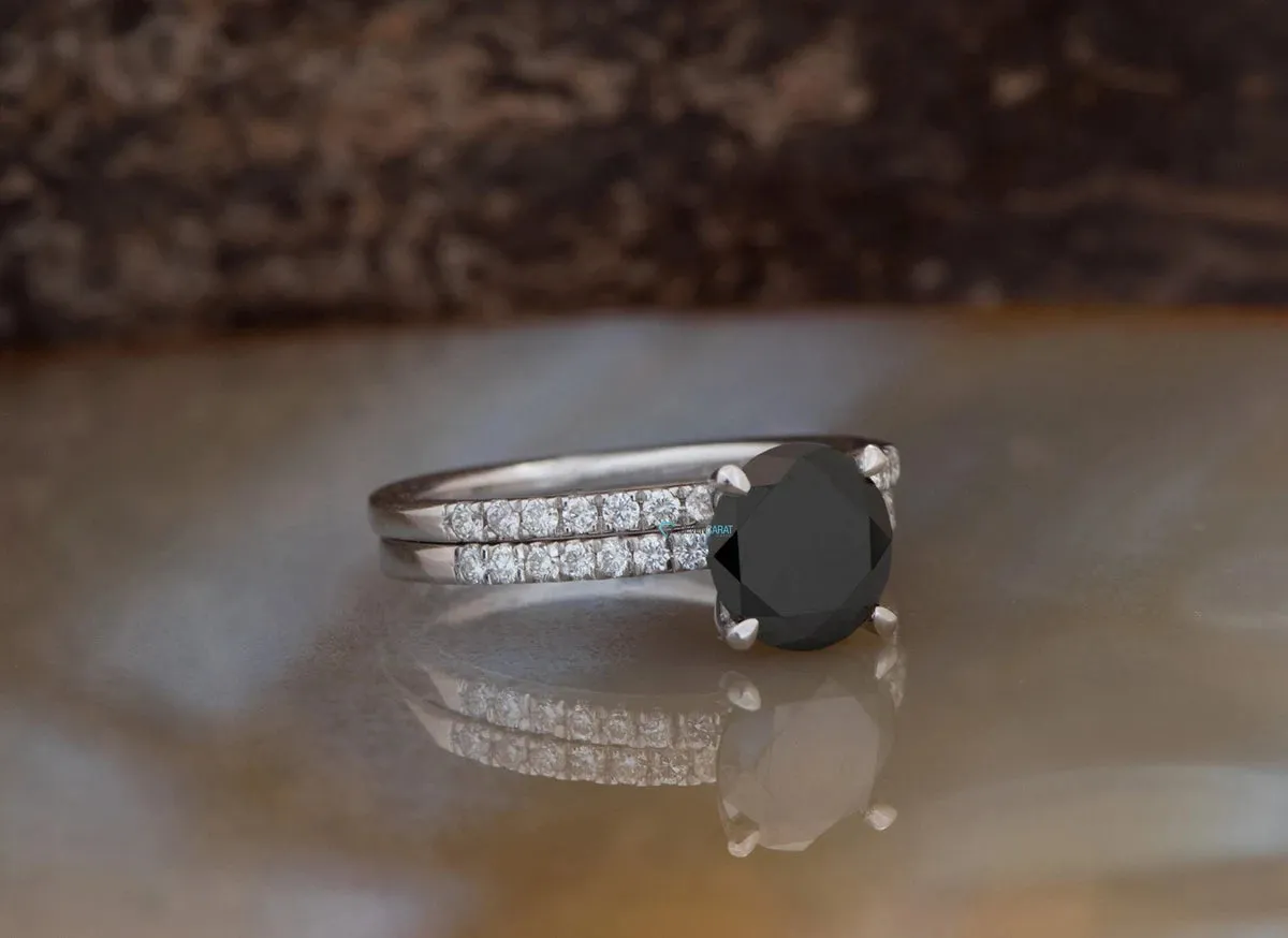 Black diamond ring-Black diamond ring set-Halo engagement ring set-Black diamond ring for women-Halo Wedding Set-2ct diamond engagement ring