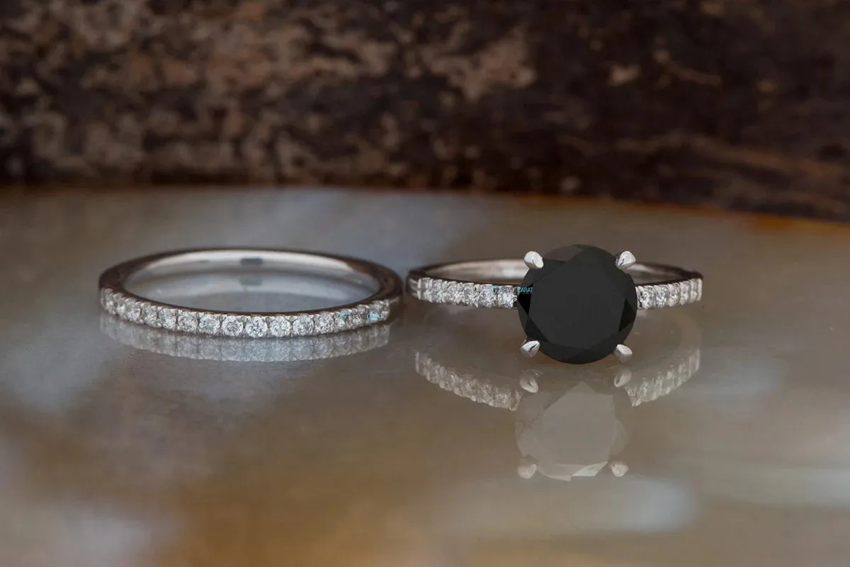 Black diamond ring-Black diamond ring set-Halo engagement ring set-Black diamond ring for women-Halo Wedding Set-2ct diamond engagement ring