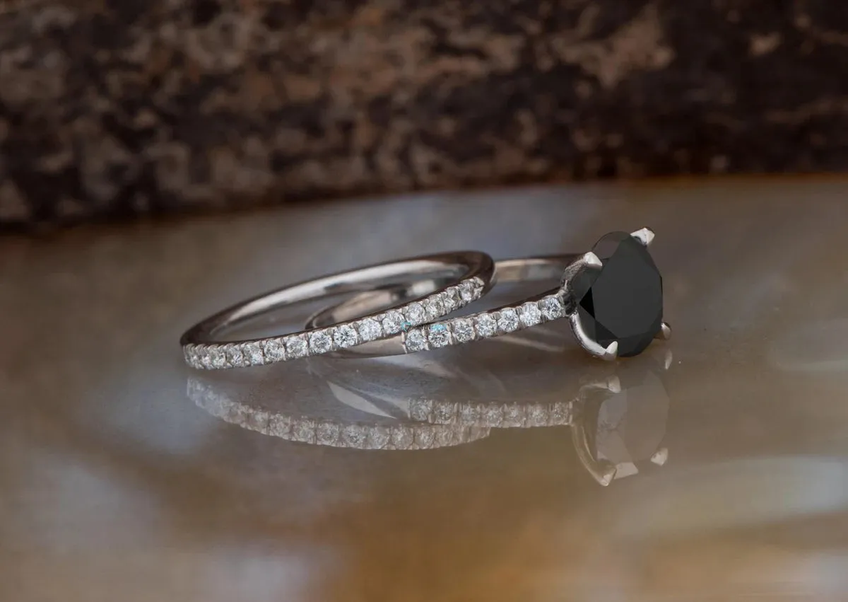 Black diamond ring-Black diamond ring set-Halo engagement ring set-Black diamond ring for women-Halo Wedding Set-2ct diamond engagement ring
