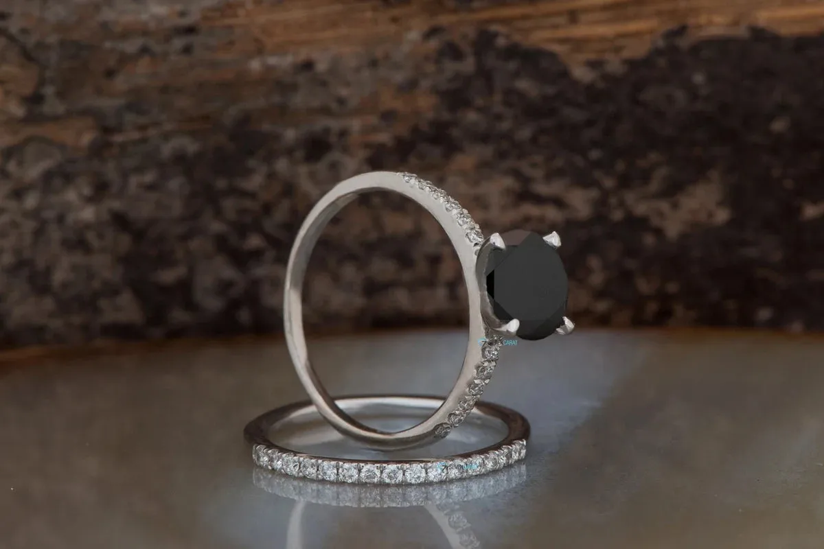 Black diamond ring-Black diamond ring set-Halo engagement ring set-Black diamond ring for women-Halo Wedding Set-2ct diamond engagement ring