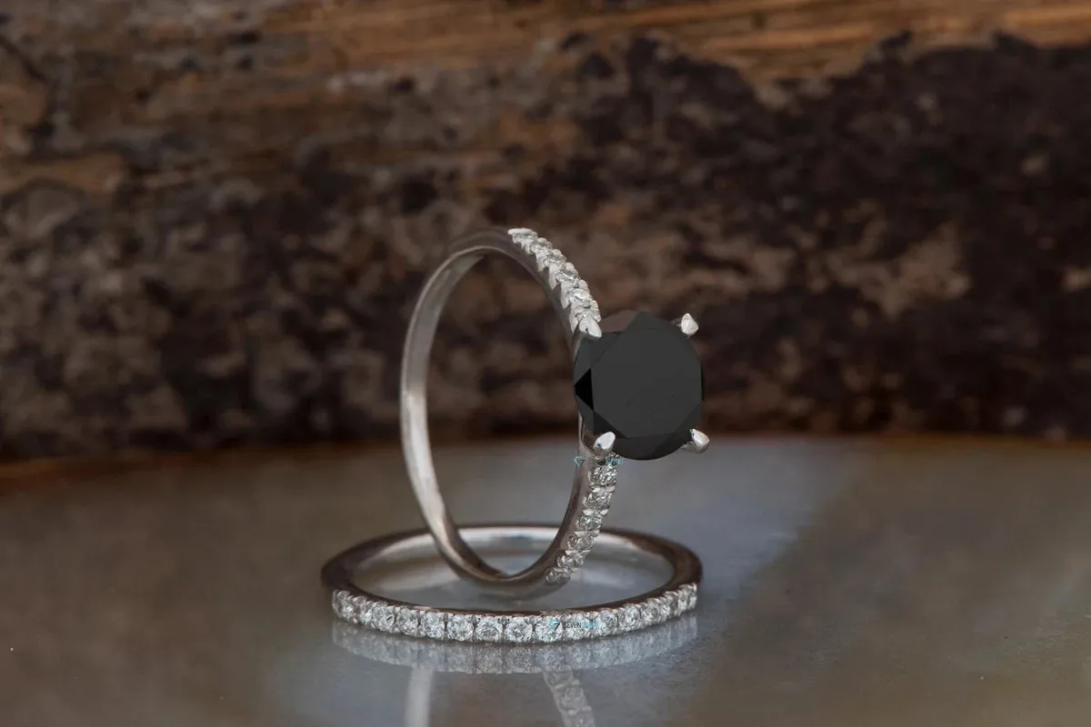 Black diamond ring-Black diamond ring set-Halo engagement ring set-Black diamond ring for women-Halo Wedding Set-2ct diamond engagement ring