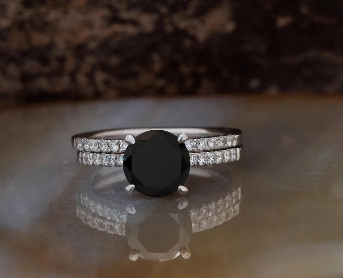 Black diamond ring-Black diamond ring set-Halo engagement ring set-Black diamond ring for women-Halo Wedding Set-2ct diamond engagement ring