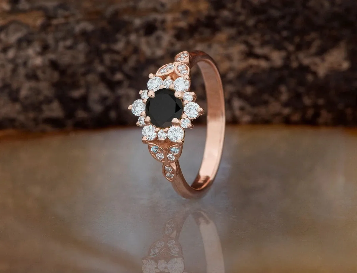 Black diamond ring engagement-Black diamond ring-Flower engagement ring-Promise ring-Vintage black diamond ring-Gothic Ring-Black Gold Ring