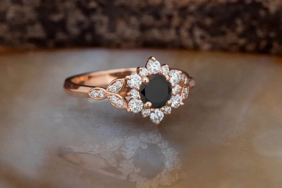 Black diamond ring engagement-Black diamond ring-Flower engagement ring-Promise ring-Vintage black diamond ring-Gothic Ring-Black Gold Ring