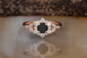 Black diamond ring engagement-Black diamond ring-Flower engagement ring-Promise ring-Vintage black diamond ring-Gothic Ring-Black Gold Ring