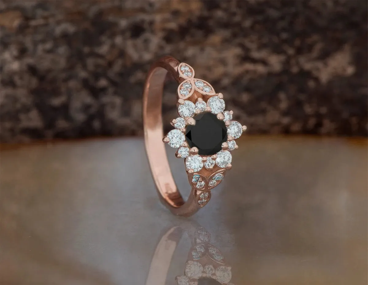 Black diamond ring engagement-Black diamond ring-Flower engagement ring-Promise ring-Vintage black diamond ring-Gothic Ring-Black Gold Ring