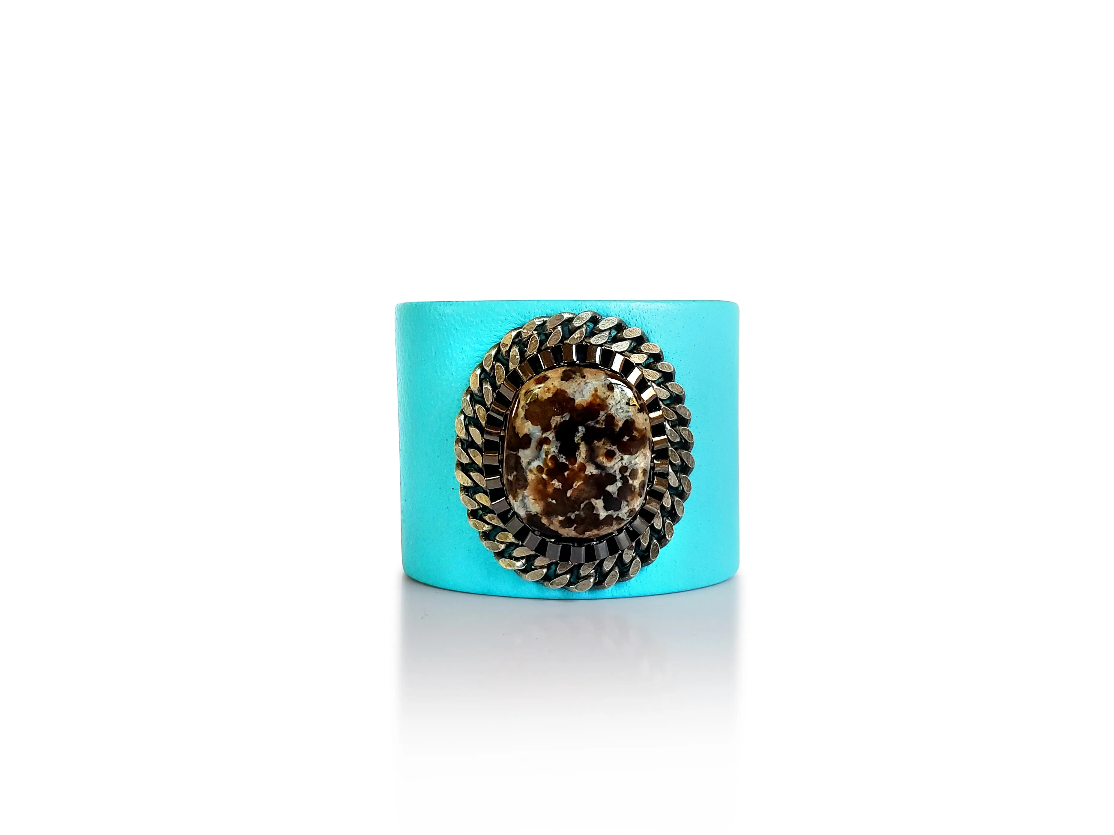 Black Lace Agate Turquoise Leather Cuff