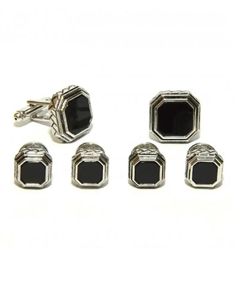 Black Octagon Onyx in Antique Silver Setting Studs & Cufflinks Set