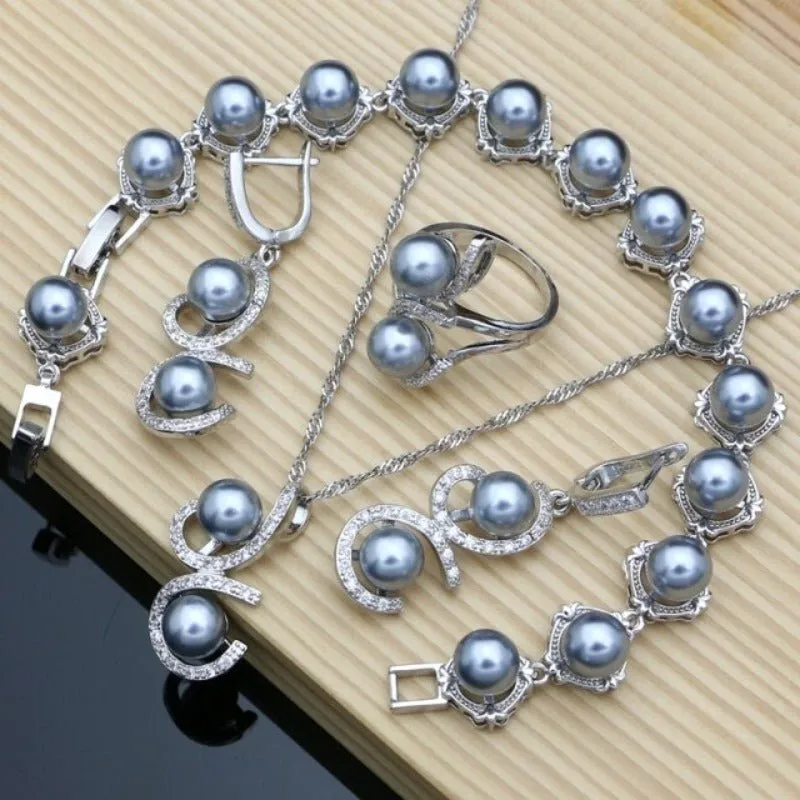 Black Pearl Jewelry Set for Women Bracelet Earrings Ring Necklace Wedding