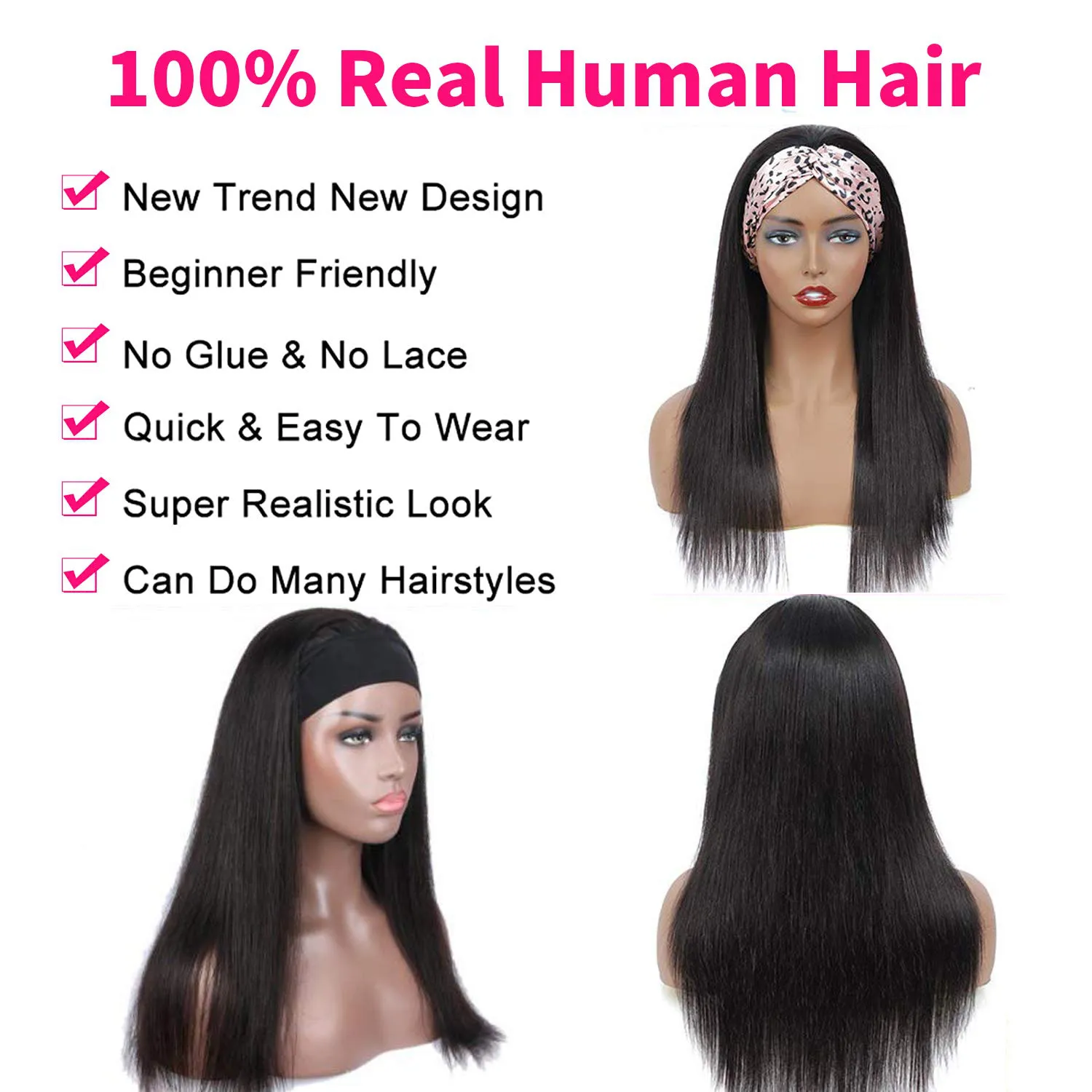 Black Straight Brazilian Virgin Human Hair Headband Wig