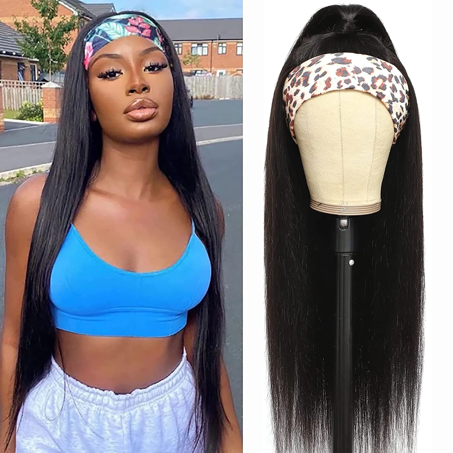 Black Straight Brazilian Virgin Human Hair Headband Wig