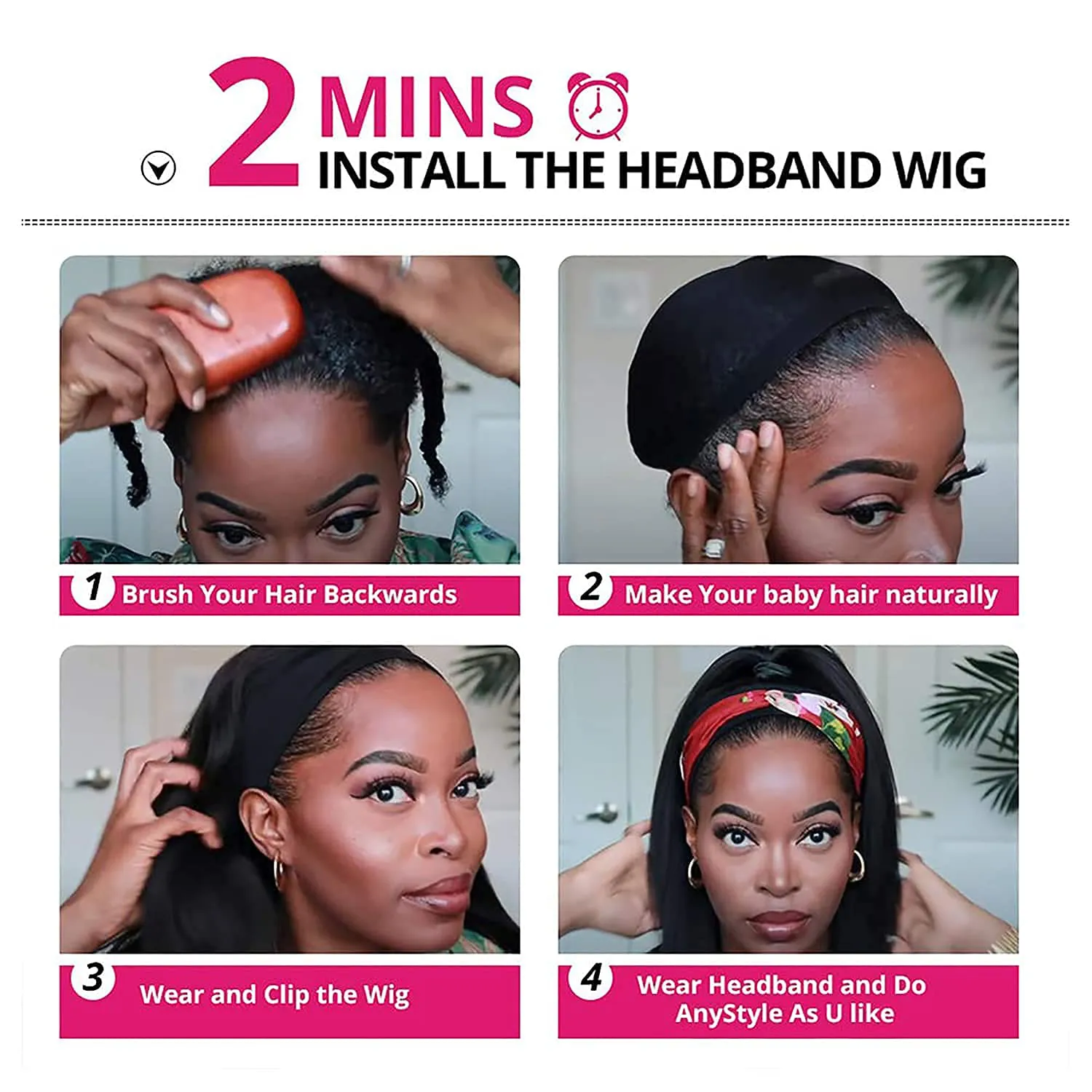 Black Straight Brazilian Virgin Human Hair Headband Wig