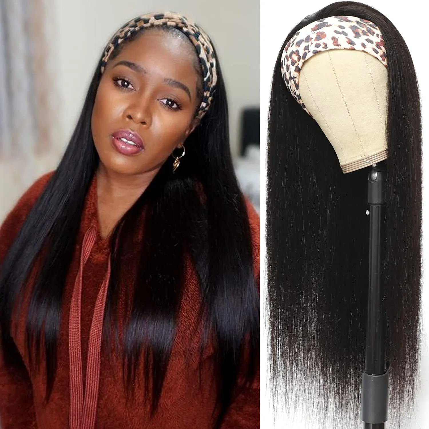 Black Straight Brazilian Virgin Human Hair Headband Wig
