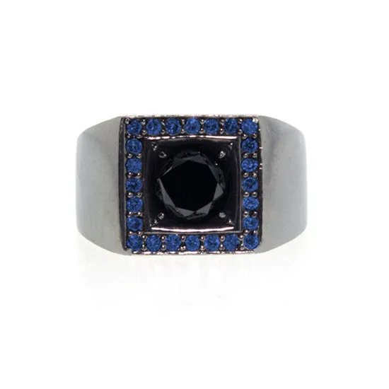 Blackened 18k Gold Jefe Ring Black Diamond Blue Sapphire