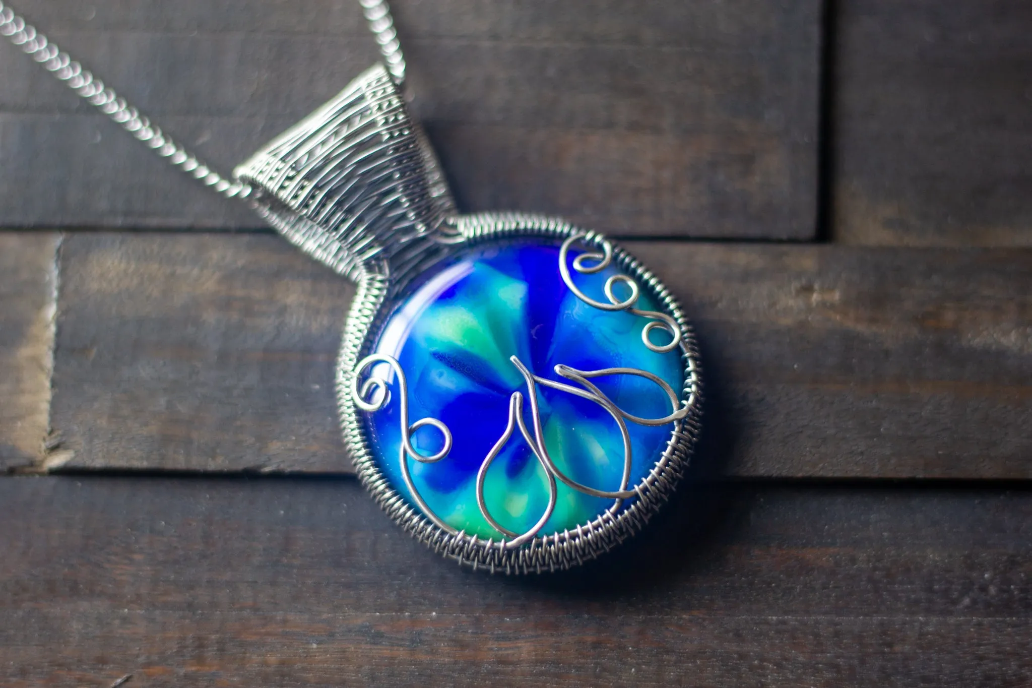 Blue and Green Lotus Pendant with Sterling Silver Wire Wrapping
