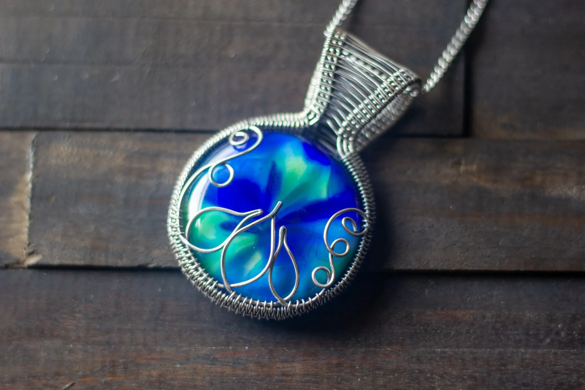 Blue and Green Lotus Pendant with Sterling Silver Wire Wrapping