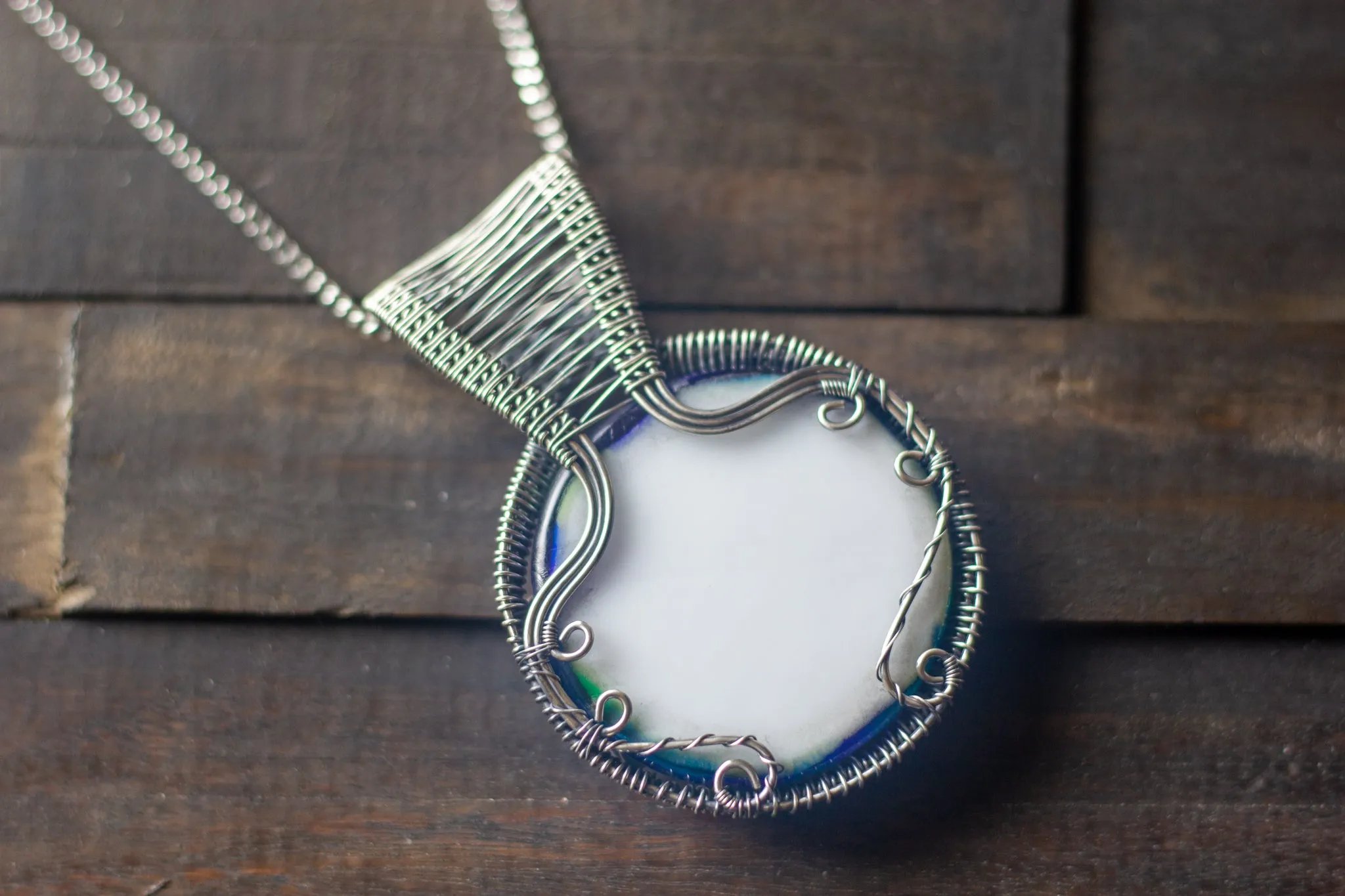 Blue and Green Lotus Pendant with Sterling Silver Wire Wrapping