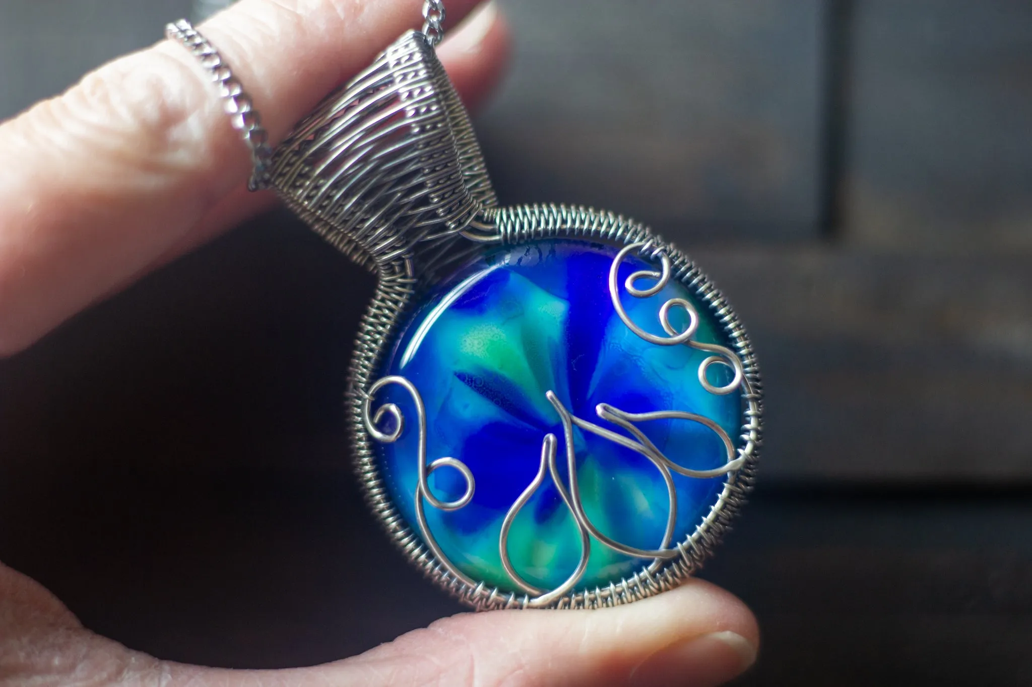 Blue and Green Lotus Pendant with Sterling Silver Wire Wrapping