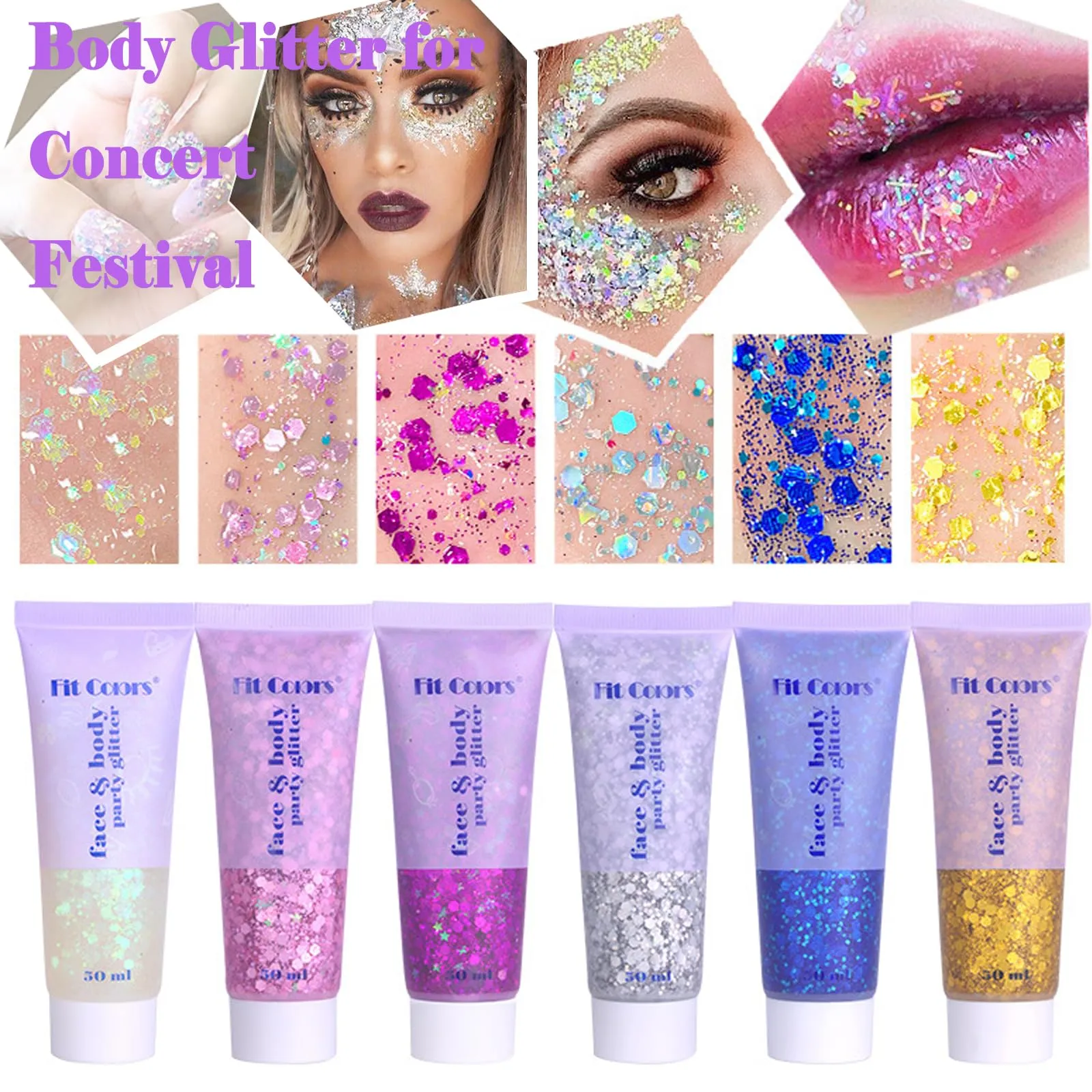 Body Glitter Face Glitter Gel: Singer Concerts Disco Festival Rave Accessories Face Glitter Makeup 250ml Chunky Sequins Mermaid Face Body Hair Glitter Gel (White&Silver&Pink&Gold&Blue)