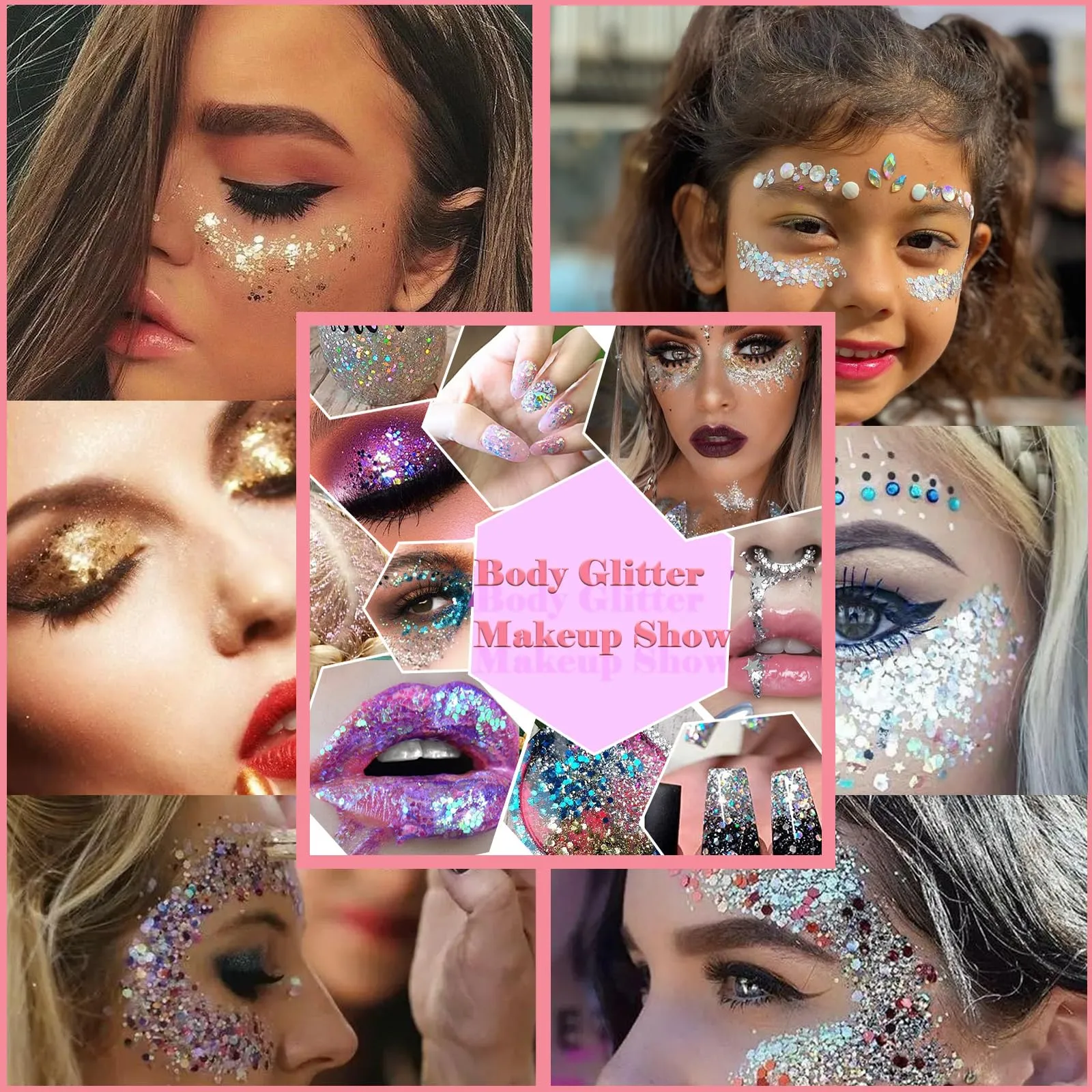 Body Glitter Face Glitter Gel: Singer Concerts Disco Festival Rave Accessories Face Glitter Makeup 250ml Chunky Sequins Mermaid Face Body Hair Glitter Gel (White&Silver&Pink&Gold&Blue)
