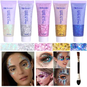Body Glitter Face Glitter Gel: Singer Concerts Disco Festival Rave Accessories Face Glitter Makeup 250ml Chunky Sequins Mermaid Face Body Hair Glitter Gel (White&Silver&Pink&Gold&Blue)