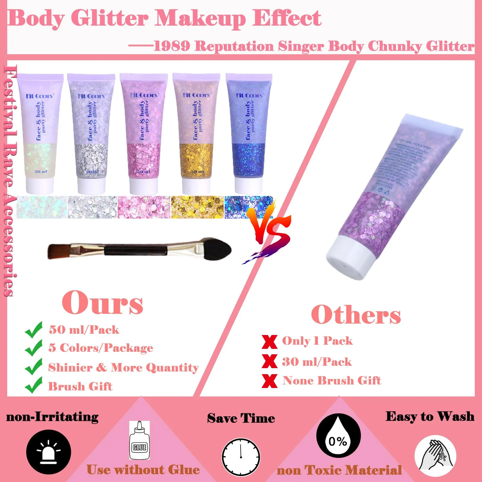 Body Glitter Face Glitter Gel: Singer Concerts Disco Festival Rave Accessories Face Glitter Makeup 250ml Chunky Sequins Mermaid Face Body Hair Glitter Gel (White&Silver&Pink&Gold&Blue)