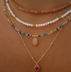 Boho Multi Layered Necklace with Red and Rose Quartz Pendant