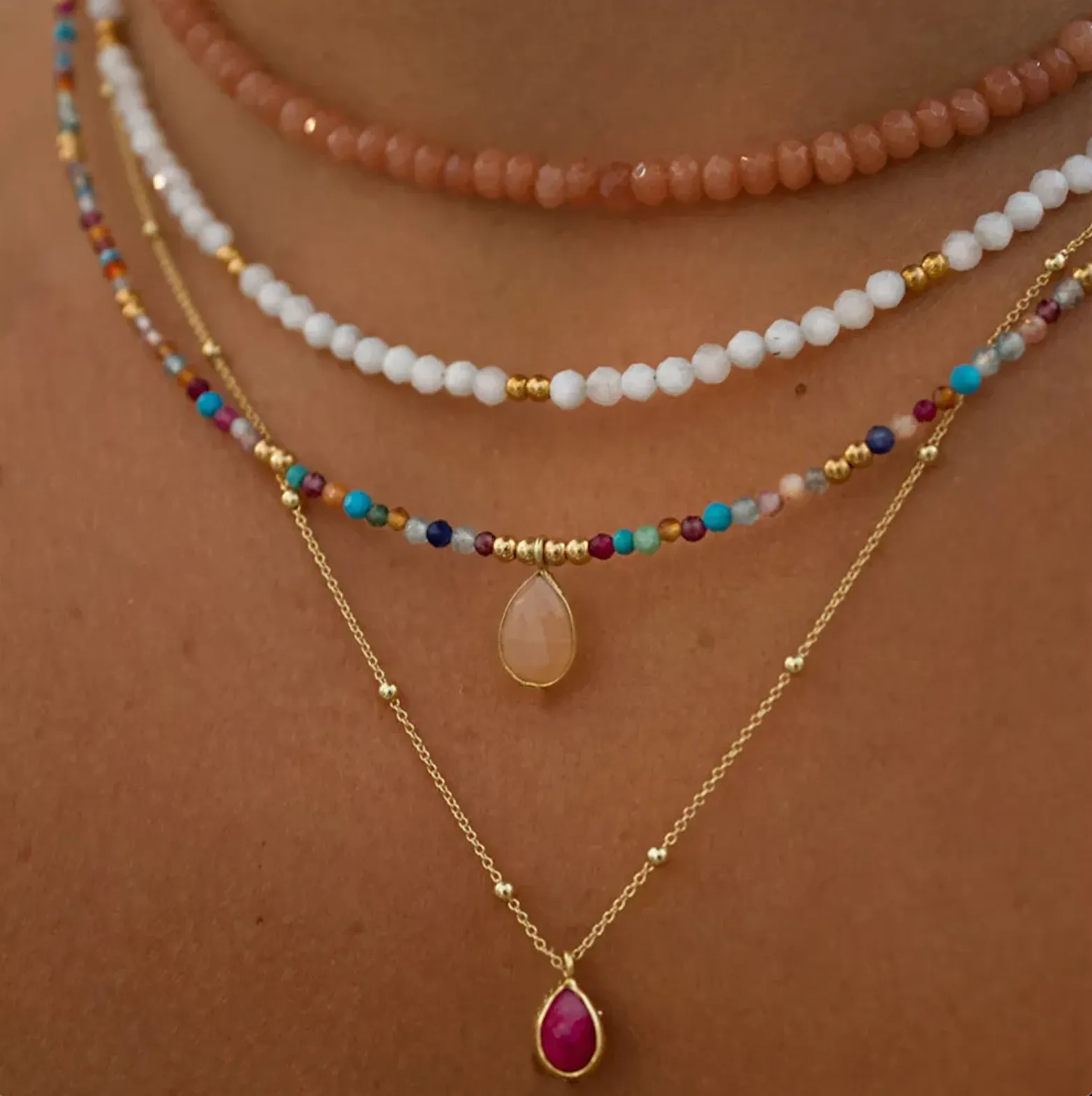 Boho Multi Layered Necklace with Red and Rose Quartz Pendant