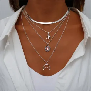 Boho Silver Four Multi Layered Necklace - Ohm Triple Pendant