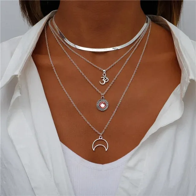 Boho Silver Four Multi Layered Necklace - Ohm Triple Pendant