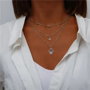 Boho Silver Three Multi Layered Necklace - Hamsa Double Pendant