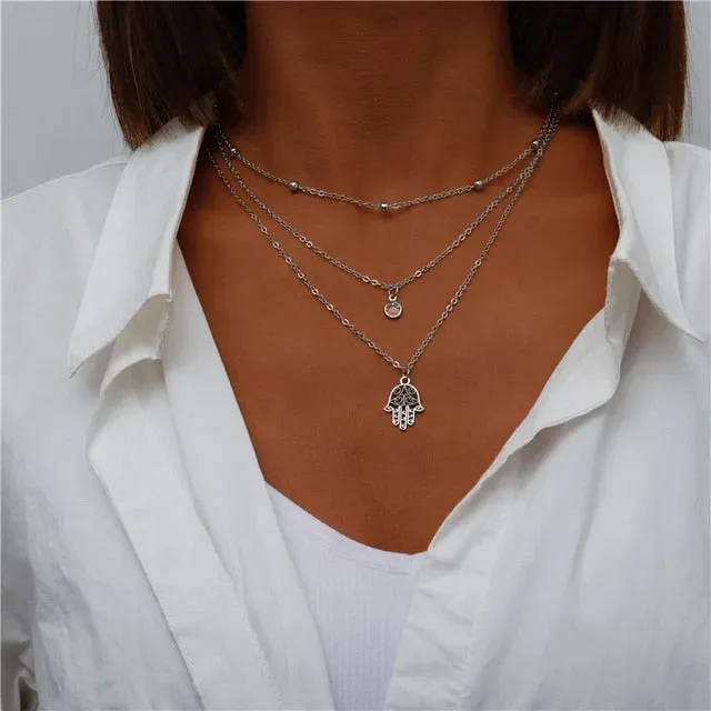 Boho Silver Three Multi Layered Necklace - Hamsa Double Pendant