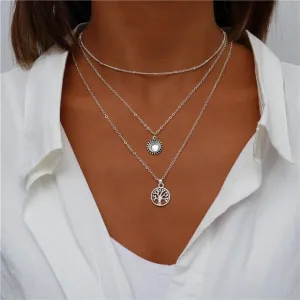 Boho Silver Three Multi Layered Necklace - Tree Of Life Pendant