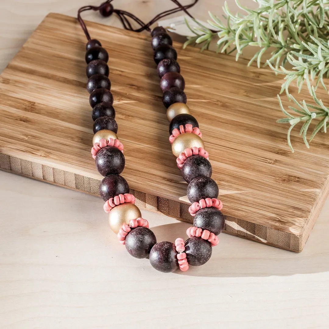 Burgundy Handmade Wooden Necklaces Pompa
