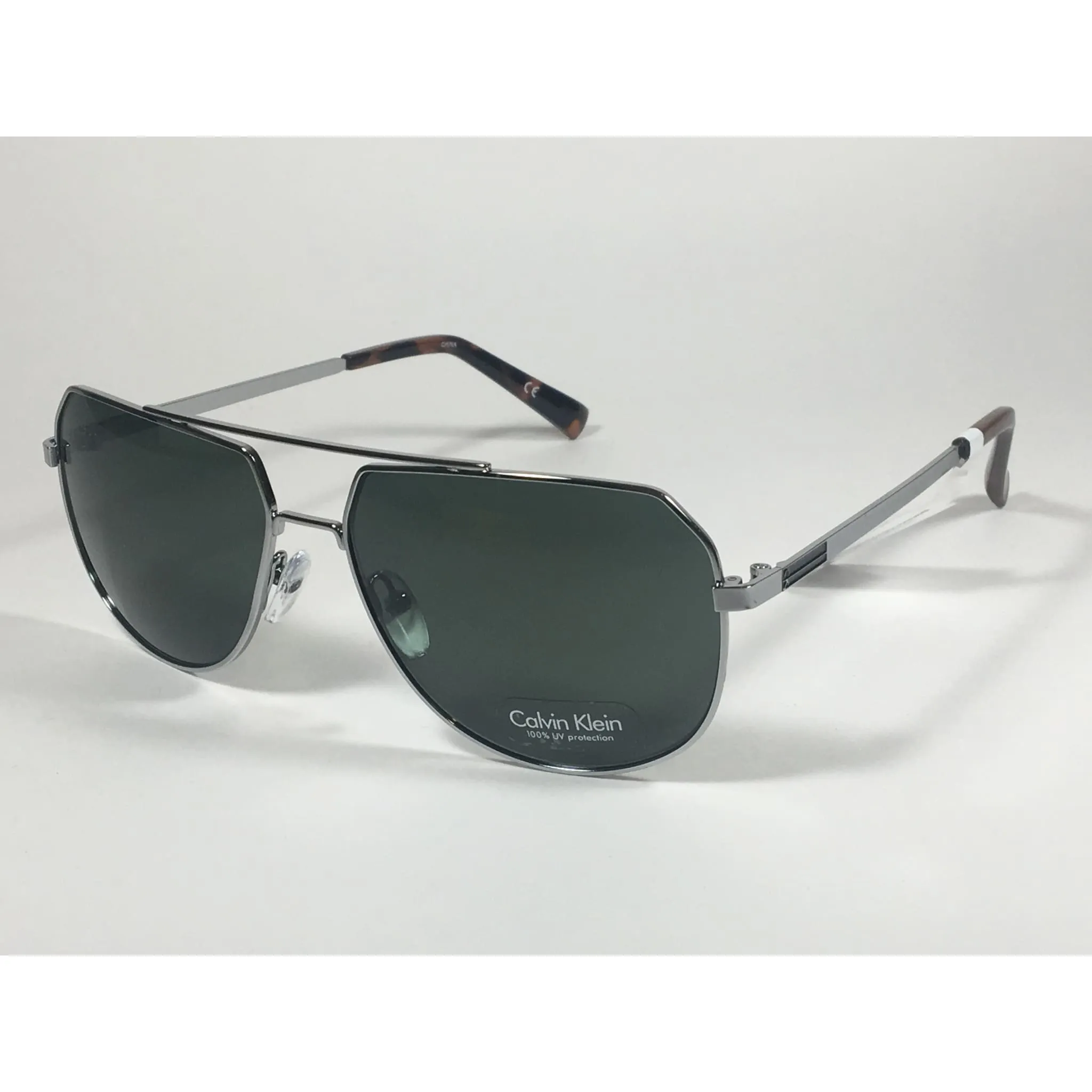 Calvin Klein R161S 033 Aviator Pilot Sunglasses Silver Gray Frame Green Lens