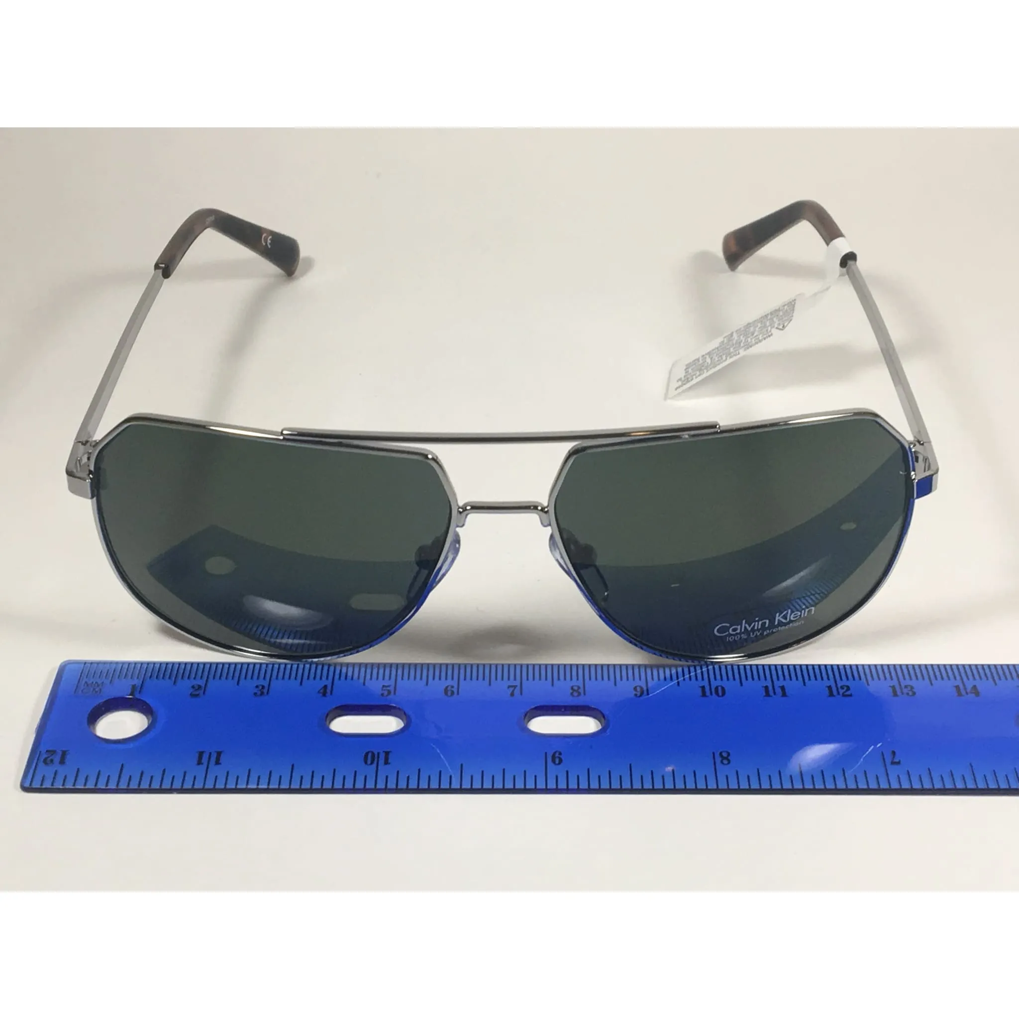 Calvin Klein R161S 033 Aviator Pilot Sunglasses Silver Gray Frame Green Lens