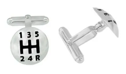 Car Driver's Gear Shift Knob Cufflinks in Sterling Silver with Black Enamel