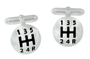 Car Driver's Gear Shift Knob Cufflinks in Sterling Silver with Black Enamel