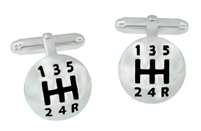 Car Driver's Gear Shift Knob Cufflinks in Sterling Silver with Black Enamel