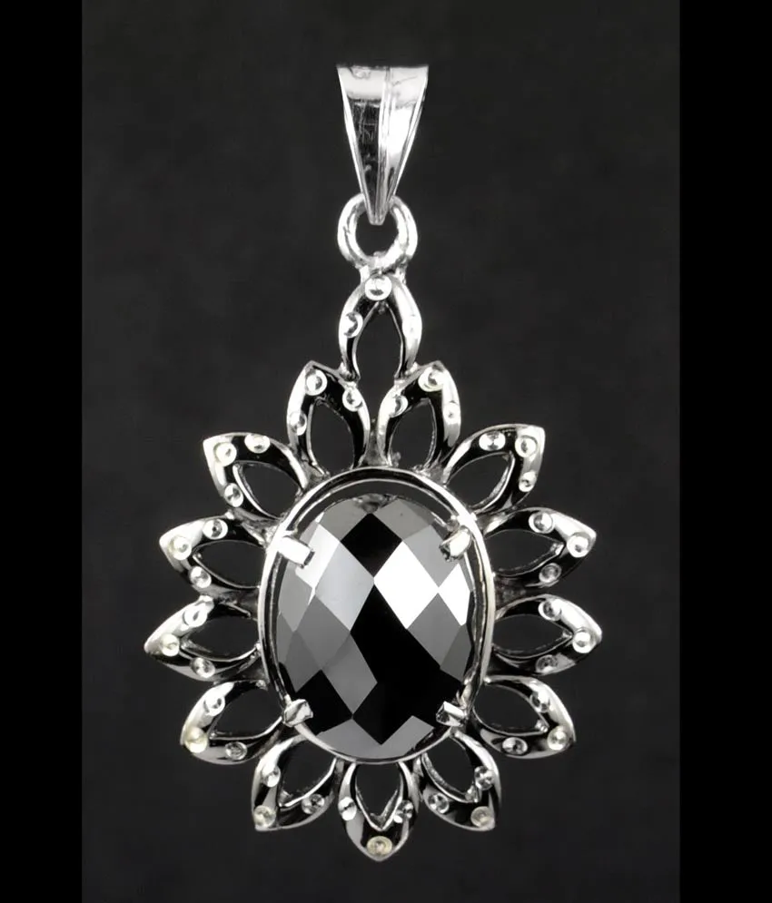 Certified Oval Checker Cut Black Diamond Pendant In Sterling Silver- Free Chain