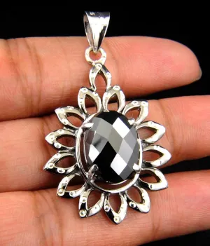 Certified Oval Checker Cut Black Diamond Pendant In Sterling Silver- Free Chain